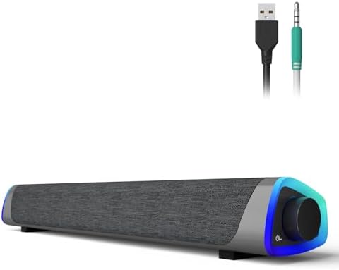 SOULION R30 Computer Speakers, Colorful LED Lights with Switch Button, Surround Sound Portable Computer Sound Bar Speakers for Desktop, Gray