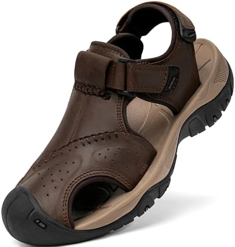 Boveshorn Men&#39;s Sport Sandals Closed Toe Leather Hiking Athletic Walking Outdoor Beach Trail River Fishing Water Shoes Lightweight Comfortable Waterproof