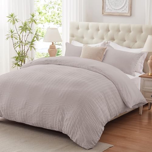 Cozyide Light Grey Twin Duvet Cover, 2 Pieces Bedding Duvet Covers, Soft Breathable Seersucker Duvet Cover Set with Zipper Closure and Corner Ties (1 Duvet Cover 68&#34;x90&#34; + 1 Pillow Sham 20&#34