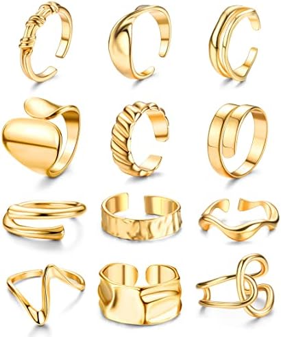 FIBO STEEL 12PCS Gold Chunky Rings for Women, 18K Gold Plated Thick Rings, Stacking Open Rings Set Adjustable