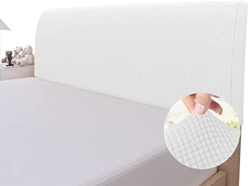 Easy-Going Stretch Bed Headboard Slipcover, Small Square Jacquard Furniture Cover, Dustproof Protector Cover for Bedroom Decor (King,White)