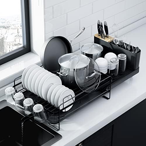 Kitsure Large Dish Drying Rack - Extendable Dish Rack, Multifunctional Dish Rack for Kitchen Counter, Anti-Rust Dish Drainers with Cutlery &amp; Cup Holders 19.2&#34;-26.7&#34; L x 12.9&#34; W, Black