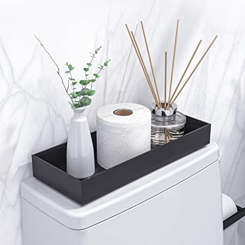 Toilet Tank Tray for Modern Black Bathroom Decor Set of 2 Toilet Tank Topper Paper Storage Decorative Organizer Box Wood Vanity Tray for Counter Decor Dresser Tops 15&#34; x 6&#34; x 2&#34; (Black)