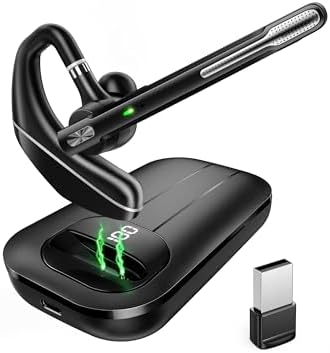 EKVANBEL Bluetooth Headset V5.3, Wireless Earpiece with 1000mAh Charging Case, 96H Talktime, Hands Free Noise Canceling Headphones with Dual-Mic for Computer Cell Phones Trucker Home Office Work