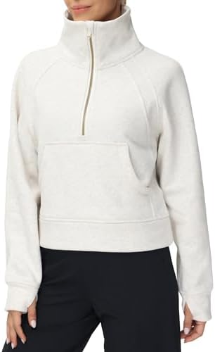 THE GYM PEOPLE Women's Half Zipper Hooded Wool Stand up Collar with Exposed Umbilical Sweatshirt with Pocket Thumbhole