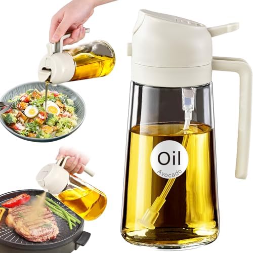 YARRAMATE 16oz\/470ml Glass Olive Oil Sprayer for Cooking with Stickers, 2 in 1 Oil Dispenser for Kitchen Gadgets, Food Grade Premium Spray Bottle for Salad, Frying, BBQ (Creamy White)