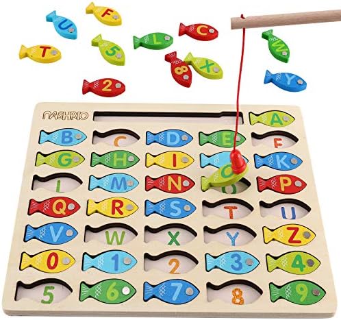 Magnetic Wooden Fishing Game Toy for Toddlers, Alphabet Fish Catching Counting Games Puzzle with Numbers and Letters, Preschool Learning ABC Math Educational Toys 3 4 5 Years Old Girl Boy Kids