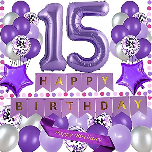 yujiaonly 15th Birthday Party Decorations Purple Happy Birthday Paper Banner Purple 40inch Number 15 Happy birthday Sash Latex and Confetti Balloons Perfect for 15 Years Old Party Supplies Balloons Nu