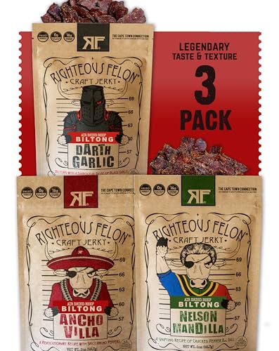 Righteous Felon Biltong Beef Jerky Variety Pack  South African Biltong Snack Packs for Adults  High Protein, Keto-Friendly, Low Sugar  Made with Premium Meats  Beef Jerky Gifts for Men  3 Pack