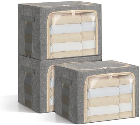 LOVSTORAGE 3-Pack Clothes Storage Bags, Foldable Storage Bins with Metal Frame, Clear Window, Reinforced Handles, Durable Non-Woven Fabric for Clothes, Bedding, Blankets, 40L, Gray