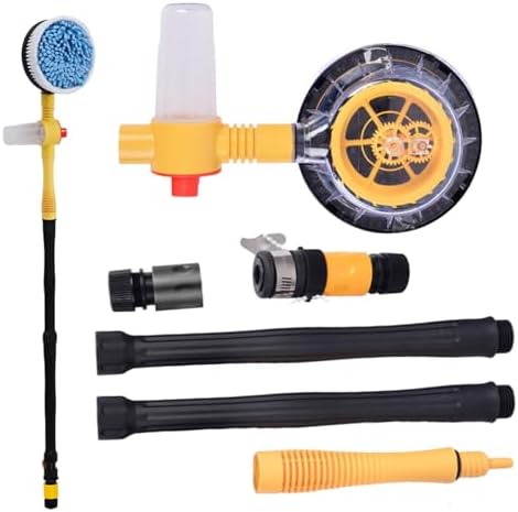 Rotating car wash brush with soap dispenser and hose accessories, soft bristles, car rotating mop, cleaning scrub brush with long handle, water flowing through high-pressure car cleaning brush kit, ca