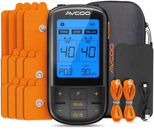 AVCOO 3-in-1 TENS Unit with 32 Modes, Dual Channel EMS Muscle Stimulator with 40 Intensities for Gradual Pain Relief Therapy, Rechargeable Electronic Pulse Massager with 12 Electrode Pads, EVA Case