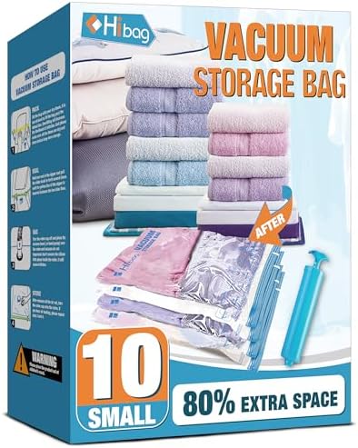 Vacuum Storage Bags, 10 Small Space Saver Vacuum Seal Bags, Space Bags, Vacuum Sealer Bags for Clothes with Travel Hand Pump (10S)