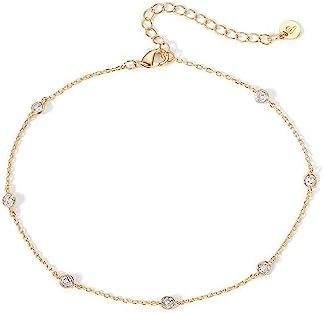 PAVOI 14K Gold Plated Charm Link Chain Anklets for Women  Dainty Cubic Zirconia Boho Dot Evil Eye Star Station Solitaire Pearl Beaded Festival Adjustable Gold Anklets