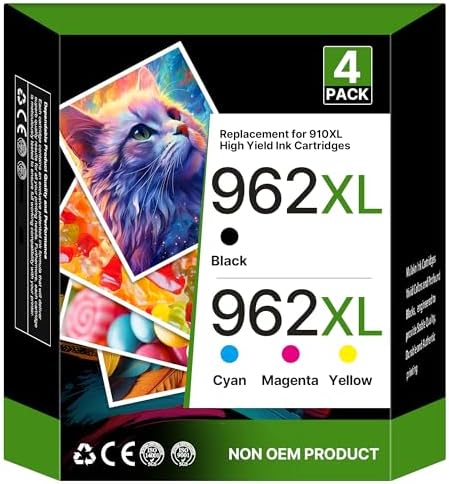 962XL Ink Cartridges Combo Pack Replacement for HP Ink 962XL Black and 962 Color Combo Pack for HP 962 962XL Ink for HP OfficeJet Pro 9010 9015 9018 9020 9025 Printer(1BK\/1C\/1M\/1Y, 4 Pack)