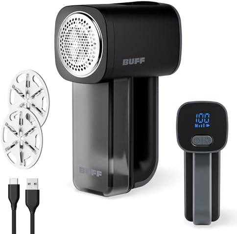BUFF Fabric Shaver + Lint Remover, Sweater Defuzzer with 3 Motor Speeds, Remove Pills from Blankets, Couch, Clothing, Furniture, Stainless Steel Blade, USB-C Rechargeable \u2013 Black