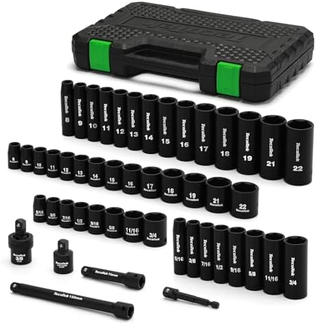 TecoTek 3\/8&#34; Drive Impact Socket Set, 49-Piece SAE (5\/16&#34;-3\/4&#34;) and Metric (8mm-22mm), 6 Point, Cr-V, Extension Bars, 1\/2&#34; F to 3\/8&#34; M Reducer, Universal Joint and Power Drill