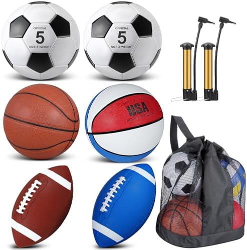 Sratte 6 Pcs Sports Balls Set for Kids Teens Adults Official Size Football Soccer Basketball with Pump Sports Equipment Bag for Youth Training Practice Gift Back to School