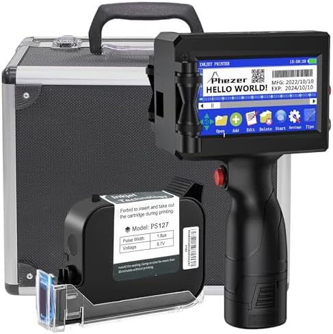 Phezer Handheld Inkjet Printer Gun P15U with Quick-Drying Ink Cartridge, 0.5inch Portable Handheld Printer for Text\/Barcode\/Logo\/QR\/Counter\/Number\/Date (with Suitcase)
