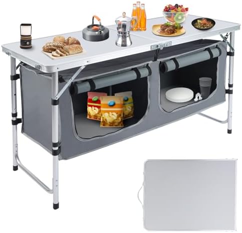 Pnbfhn Outdoor Folding Camping Table with Storage Organizer, Portable Aluminum Composite Panel Lightweight Table, 3 Adjustable Height, for Indoor, BBQ, Party, Picnic, Hiking, Beach