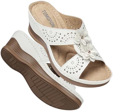 TEMOFON Womens Wedge Sandals Leather: Dressy Sandal, Rubber Sole, Comfortable Walking, Casual Slip on Summer Shoes, Size 5-11