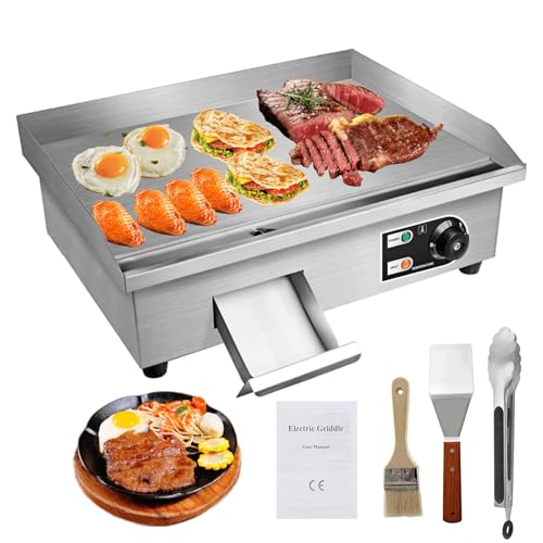 PROMOTOR 22&#34; Electric Countertop Flat Top Griddle 1600W 110V Non-Stick Commercial Restaurant Teppanyaki Grill Stainless Steel Adjustable Temperature Control 50~300℃