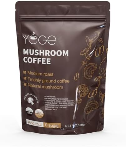 Mushroom Coffee, Instant Organic Mushroom Coffee with Cordyceps, Reish, King Trumpet, Shitake, Turkey Tail, Lions Mane for Energy, Focus, Positive Mood &amp; Immune Support (30 Servings)