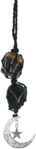 Crystals Tiger Eye Stone Cute Boho Car Mirror Hanging Accessories for Women and Men,Car Charm for Rear View Mirror Wall Door Ornaments Decor with Moon and Star