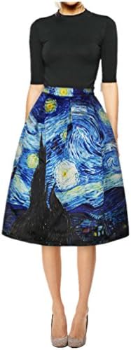 Women's digital printed high waisted A-line pleated retro mid length skirt