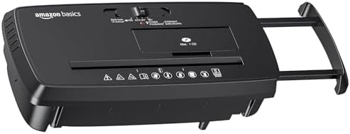 Amazon Basics 8-Sheet Strip Cut Paper, CD, and Credit Card Shredder with Auto-Off Compact, Portable Design, No Basket, Extendable Arm, Black