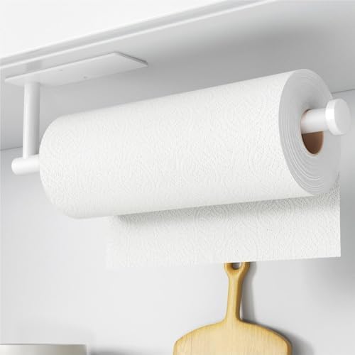 Paper Towel Holder - Self-Adhesive or Drilling, White, Wall Mounted, SUS304 Stainless Steel Kitchen Roll Dispenser Under Cabinet