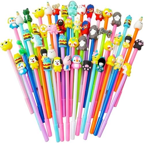 Muiyaneq 50 Pcs Cute Cartoon Pens for Kids, Random Novelty Kawaii Gel Black Ink Pens Bulk, Back to School Assorted Cool Writing Pen for Student Gift, School Office Home Supplies Present
