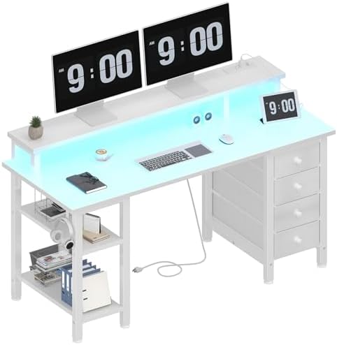 Lufeiya White Desk with Drawers Storage - 47 inch Home Office Computer Gaming Desks with Monitor Stand LED Lights and Power Outlets, White