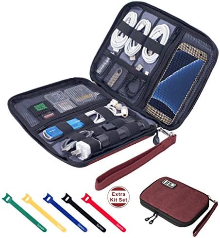 Travel Cable Organizer Bag Waterproof Portable Electronic Accessories Organizer for USB Cable Cord Phone Charger Headset Wire SD Card with 5pcs Cable Ties(Red)