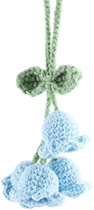 Mirror Hanging Car Accessories Cute Little Lily of The Valley, Hand Knitted Crochet Flower Decor for Mirror, Rear View Mirrors,Key Chains (Blue)