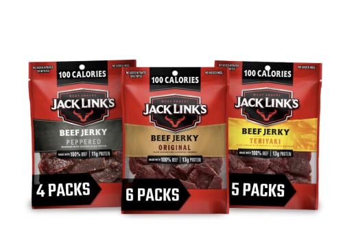 Jack Link&#39;s Beef Jerky Variety Pack \u2013 Includes Original, Teriyaki and Peppered Jerky, Bulk Protein Snack Pack, Good Source of Protein, Meat Snacks Made with 100% Beef \u2013 1.25 Oz (Pack of 