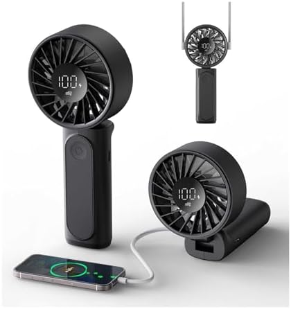 Handheld Fan, Portable Fan, 4000mAh Rechargeable Personal, 180° Foldable Mini Desk Fan with 6 Wind Speed, LCD Digital Display, Lanyard as Neck, Ultra Quiet, Pocket Size for Indoor Outdoor