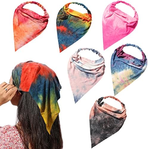 6 Pack Hair Scarf Headband for Women Elastic Bandana Head Scarf Large Boho Triangle Kerchief with Clips Non Slip Scarves