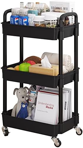 UDEAR 3-Tier Rolling Utility Cart with 12 Category Labels,Multifunctional Comagtable Rolling Shelving with Handle and Lockable Wheels for Room,Office,Kitchen,Bathroom,Black