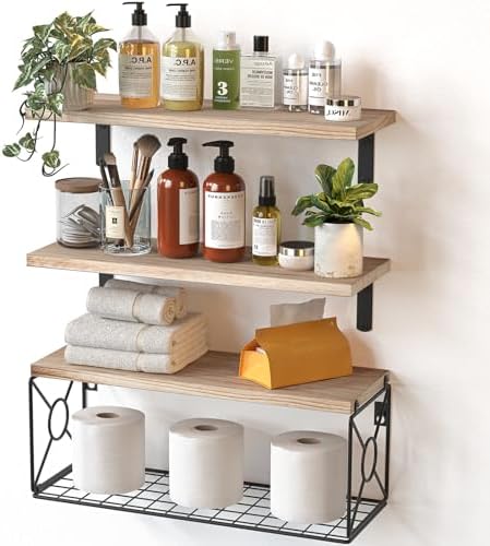 Amada Bathroom Shelves Over Toilet with Storage Basket, Floating Shelves Wall Shelves for Home Organization &amp; Wall Decor, Bathroom\/Kitchen\/Living Room Shelves\u2013Natural Wood