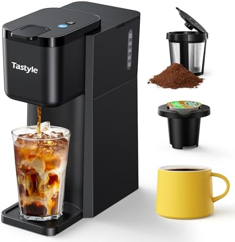Tastyle Mini Hot and Iced Coffee Maker Single Serve, for K Cup and Ground, 6 to 14 Oz Brew Sizes, with Recipe Book, for Home, Travel, RV, Office and Dorm, Classic Black (2.0 Version)