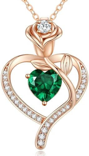 LOUISA SECRET Rose Flower Heart Birthstone Necklaces for Women, 925 Sterling Silver Fine Jewelry, Pendant Heart Necklaces Birthday Anniversary Christmas Gift for Women Wife Mom Girlfriend Lady
