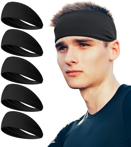 HiRui Headbands for Men Women (5Pack), Running Headbands Moisture Wicking Workout Sweatband Sports Headband for Cycling Basketball Yoga Fitness