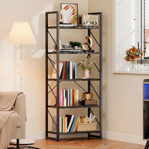 DWVO 5 Tier Bookshelf, Industrial Bookshelves Open Shelf Bookcase, Storage Shelves Organizer Display Rack for Bedroom,Living Room,Office,Kitchen, Charcoal Gray