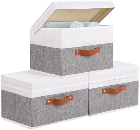 YheenLf Fabric Storage Boxes with Lids, Linen Foldable Cloth Baskets, Closet Organizer Containers with Double Handles, Sweater Bins for Bedroom, White and Grey, 3 Pack, 13 x 9.1 x 7.9 Inch