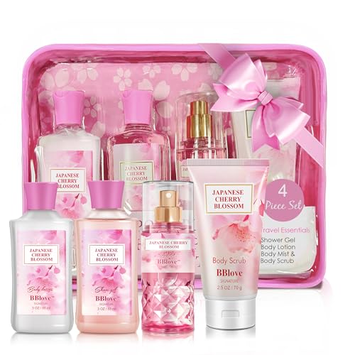 BBlove Bath and Body Gift Set for Women &amp; Girls, Japanese Cherry Blossom, 4PCS Set for-Shower Gel, Body Lotion, Body Mist, Exfoliating Scrub, Body Care Set