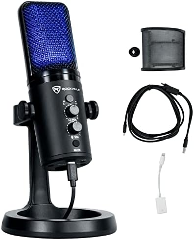 Rockville ROCK-STREAM PRO Dual Pattern USB Microphone, 24-Bit\/192kHz, Cardioid\/Omni, High-Resolution Audio, Headphone Monitoring, Mute Button, for Gaming, Streaming, Podcasting