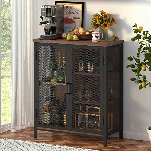 BON AUGURE Coffee Bar Cabinet for Liquor, Small Storage Cabinet for Home Kitchen, Farmhouse Buffet Sideboard Console Table, Industrial Alcohol Cabinets for Dining Entryway Living Room (Rustic Oak)