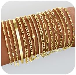 16 PCS Gold Bracelets for Women, Dainty Bracelets Set for Women Trendy, Gold Stackable Cuban Link Paperclip Chain Bracelet Pack Jewelry Gifts for Women ﻿