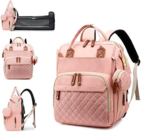 Diaper Bag with Changing Station, Waterproof 3 in 1 Baby Diaper Backpack with Foldable Changing Pad, Large Travel Back Pack for Baby Girl Boy, Peach Pink